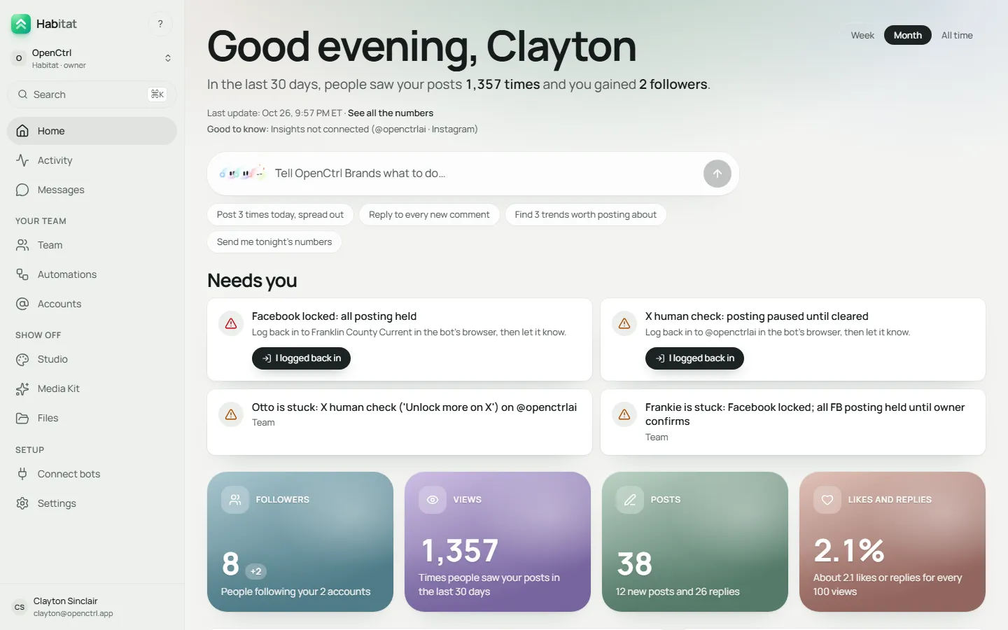 Habitat Home: what needs you, followers, views, posts and your bot team, from real tracking data