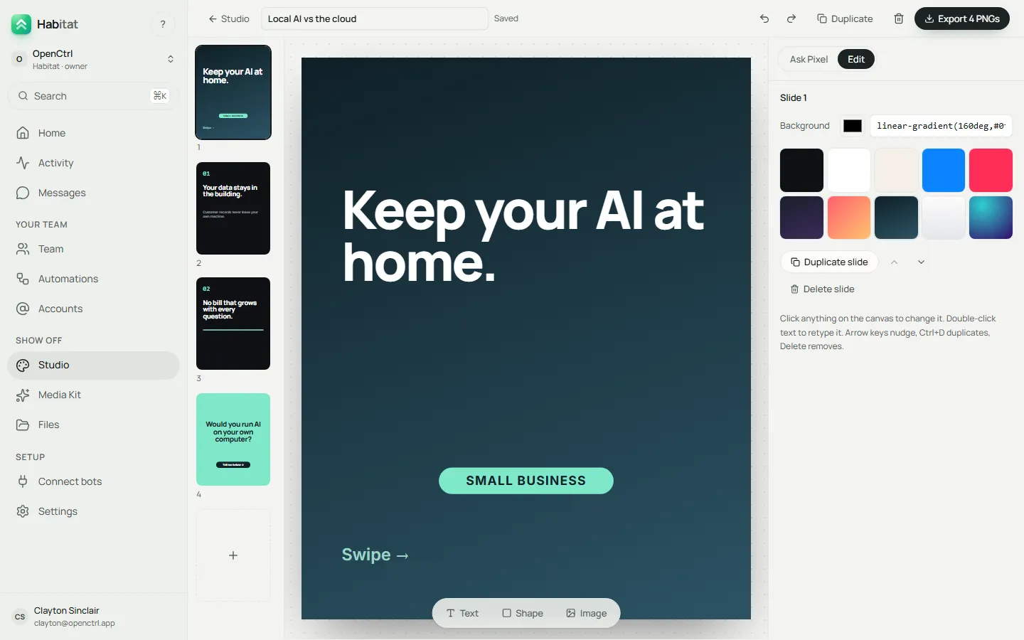 Studio: a carousel on the canvas with the designer bot's notes beside it